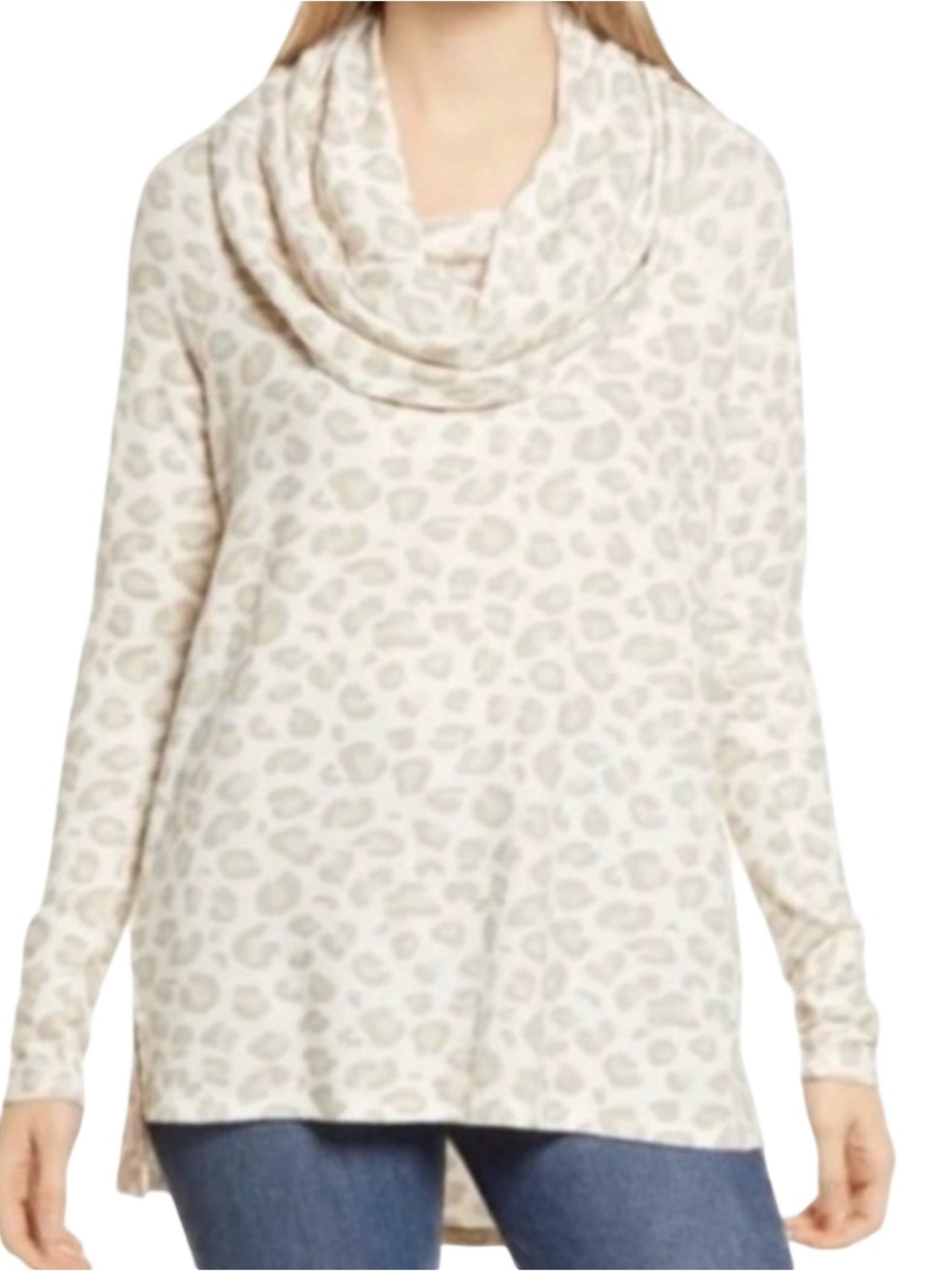 Gibsonlook Leopard Print Cowl Neck Tunic Sweate cream Cozy chic luxurious NWT MD